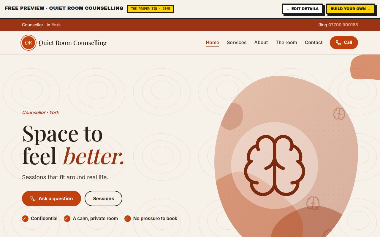 Example Quiet Room Counselling website made by the Tin factory, desktop and mobile