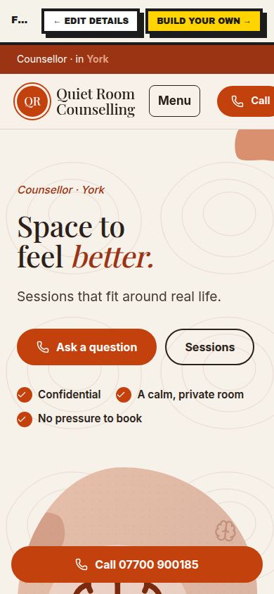 Example Quiet Room Counselling website made by the Tin factory, desktop and mobile