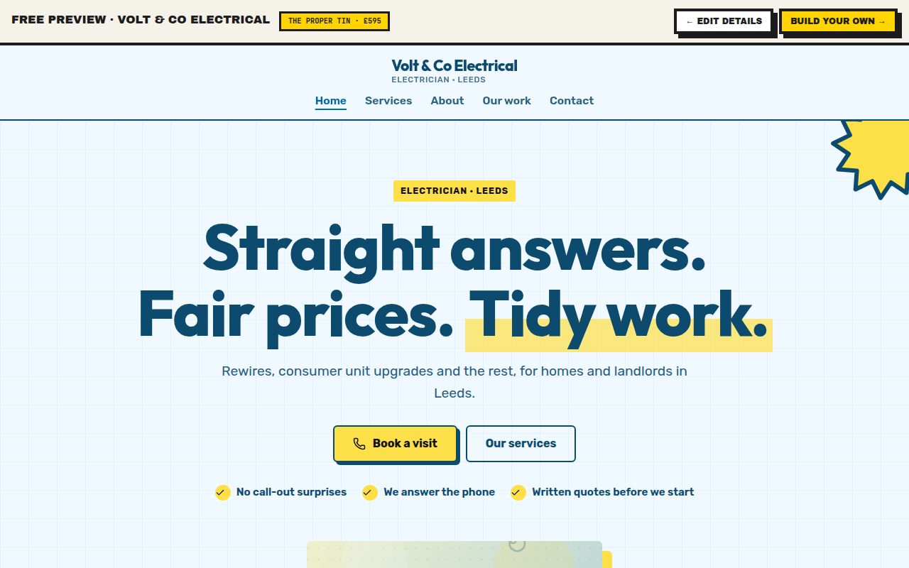 Example Volt & Co Electrical website made by the Tin factory, desktop and mobile