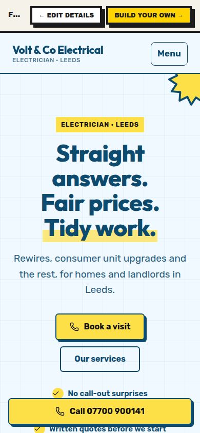 Example Volt & Co Electrical website made by the Tin factory, desktop and mobile