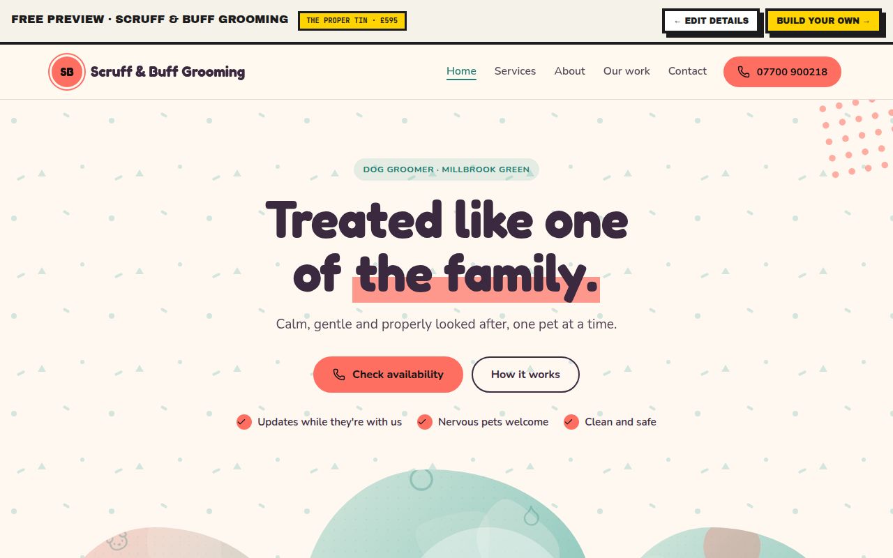 Example Scruff & Buff Grooming website made by the Tin factory, desktop and mobile