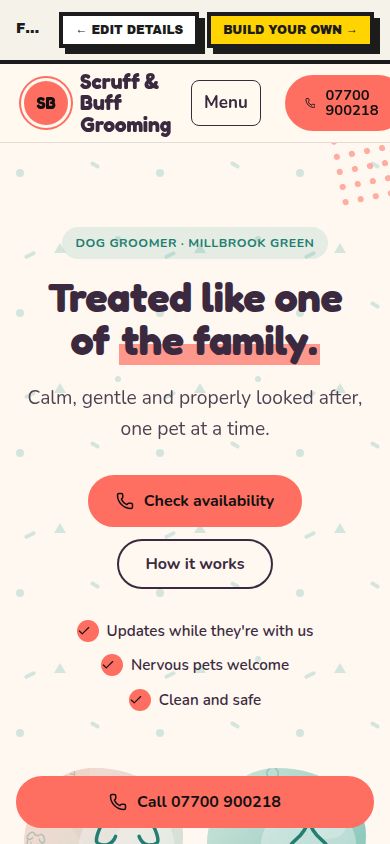 Example Scruff & Buff Grooming website made by the Tin factory, desktop and mobile