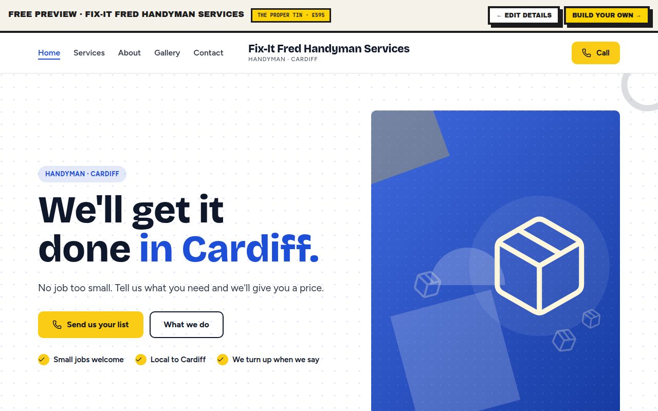 Example Fix-It Fred Handyman Services website made by the Tin factory, desktop and mobile