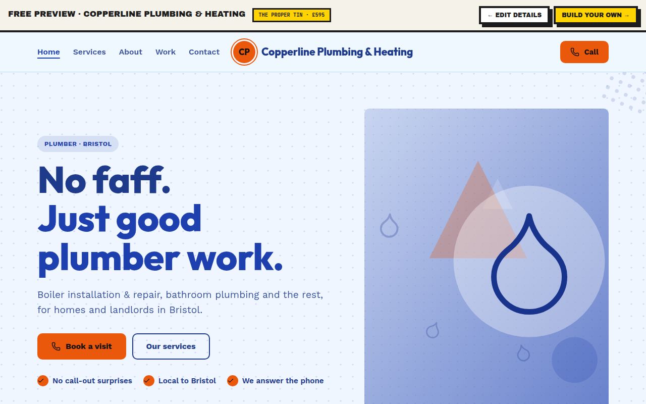 Example Copperline Plumbing & Heating website made by the Tin factory, desktop and mobile