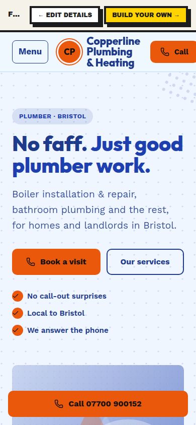 Example Copperline Plumbing & Heating website made by the Tin factory, desktop and mobile