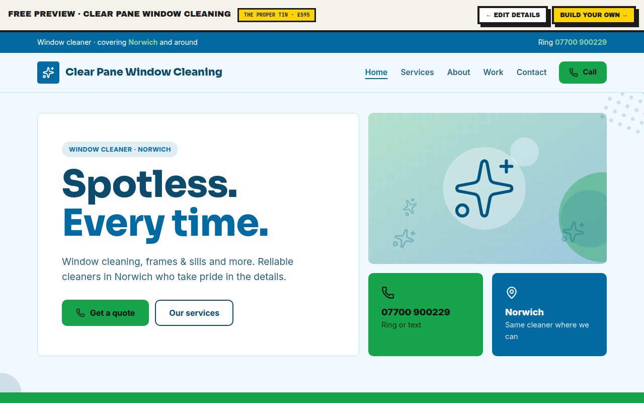 Example Clear Pane Window Cleaning website made by the Tin factory, desktop and mobile