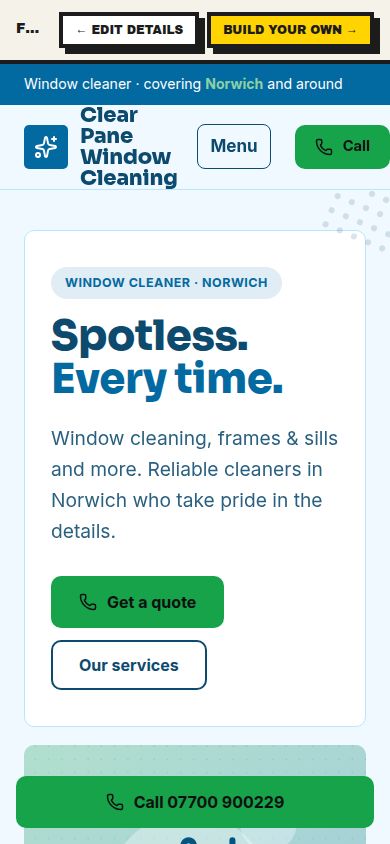 Example Clear Pane Window Cleaning website made by the Tin factory, desktop and mobile